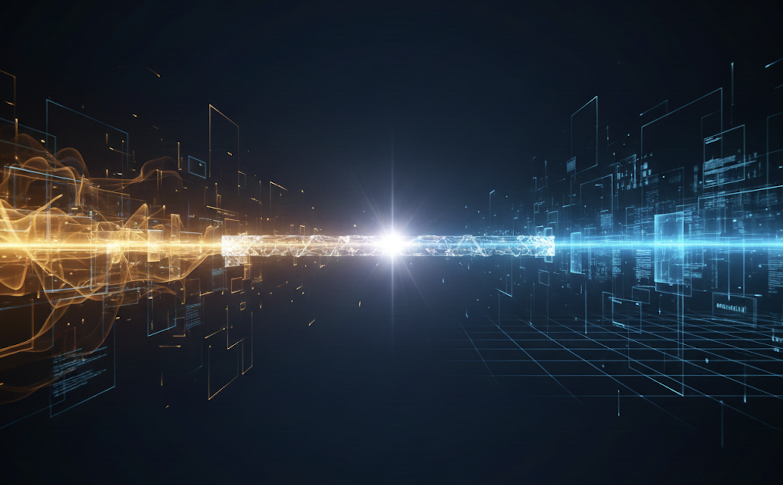 Abstract graphic showing a bridge of strategy connecting human intuition and artificial intelligence.